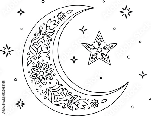 Ornamental crescent moon and star floral mandala line art coloring page