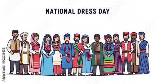 Diverse people wearing traditional national dress from various cultures standing together