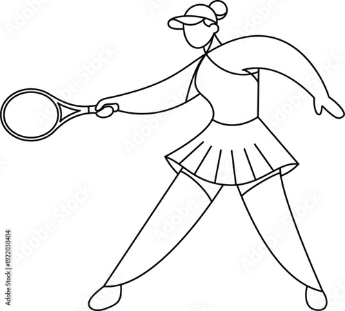 Minimalist female tennis player swinging racket line art illustration