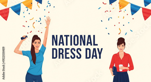 Women celebrating national dress day with confetti and bunting