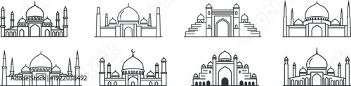 Islamic mosque architecture vector set featuring various building facades with domes and minarets in simple black line art outline style for Ramadan Kareem backgrounds Eid Mubarak banners and logo.
