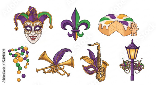 Mardi gras symbols and objects in purple green and gold