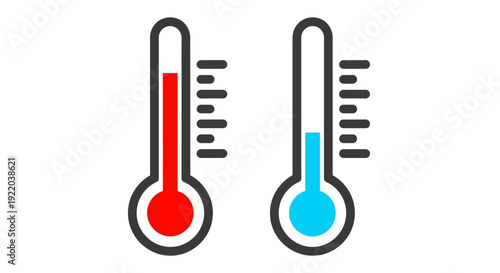 Two thermometers, one showing high temperature in red and the other low temperature in blue, representing heat and cold
