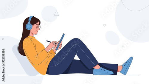 Young woman with headphones drawing on tablet, listening to music, creative hobby