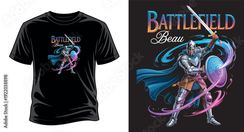 Knight in armor holding sword and shield battlefield beau t-shirt vector art print templet