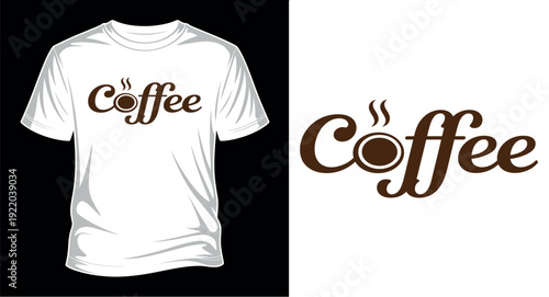 Coffee shop logo t-shirt design with creative typography and steaming cup icon for cafe merchandise