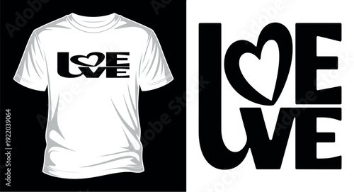 Love typography t-shirt design with a heart symbol replacing letter o, suitable for apparel and prints