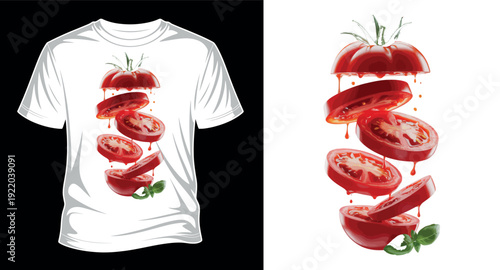 White t shirt with flying tomato slices and basil
