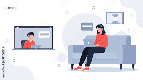 Online Learning: Woman with Headphones on Sofa Using Laptop, Virtual Class