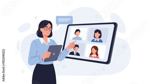 Online meeting with diverse people on tablet screen, woman presenting remotely