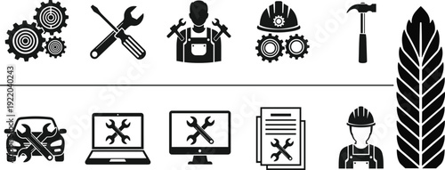 Construction and repair service icons set, mechanic tools, engineer worker symbols, industrial maintenance vector, black silhouette flat design collection