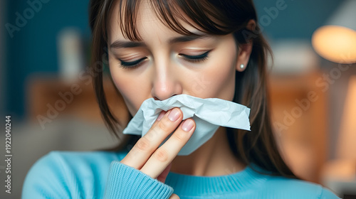Portrait of sad ill woman blowing nose in paper napkin. Diseased person on sick leave. Female taking medication. Seasonal sickness and treatment concept