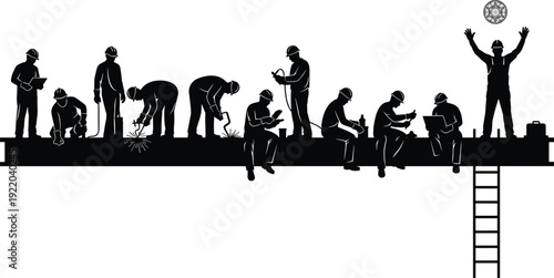 Construction workers silhouettes on building beam, industrial labor team at work, black flat vector illustration isolated design