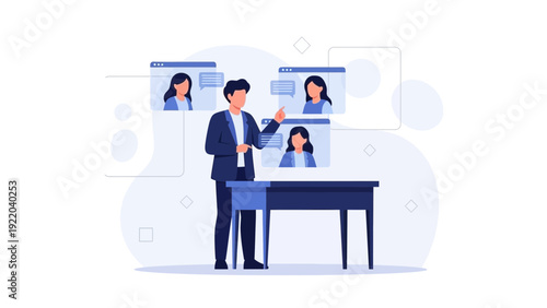 Online Meeting with Video Calls, Business Presentation, Remote Teamwork