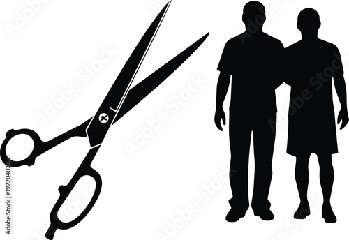 Large scissors cutting concept with two men silhouette, partnership separation symbol, business split vector flat illustration isolated design
