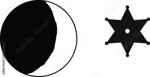 Half moon phase and sheriff star silhouette icon, lunar eclipse symbol, black flat vector illustration isolated design