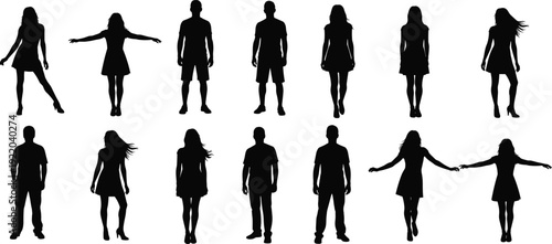 Men and women silhouette collection set, standing and walking human figures poses, black people vector flat illustration isolated