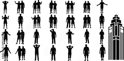 Men silhouette collection set, standing male figures poses, human shadow icons, urban people vector, black flat design isolated