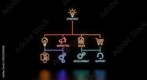 Business Strategy Flowchart with Neon Icons on Black Background