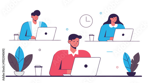 Office workers, including two men and a woman, using laptops at individual desks in a modern office.