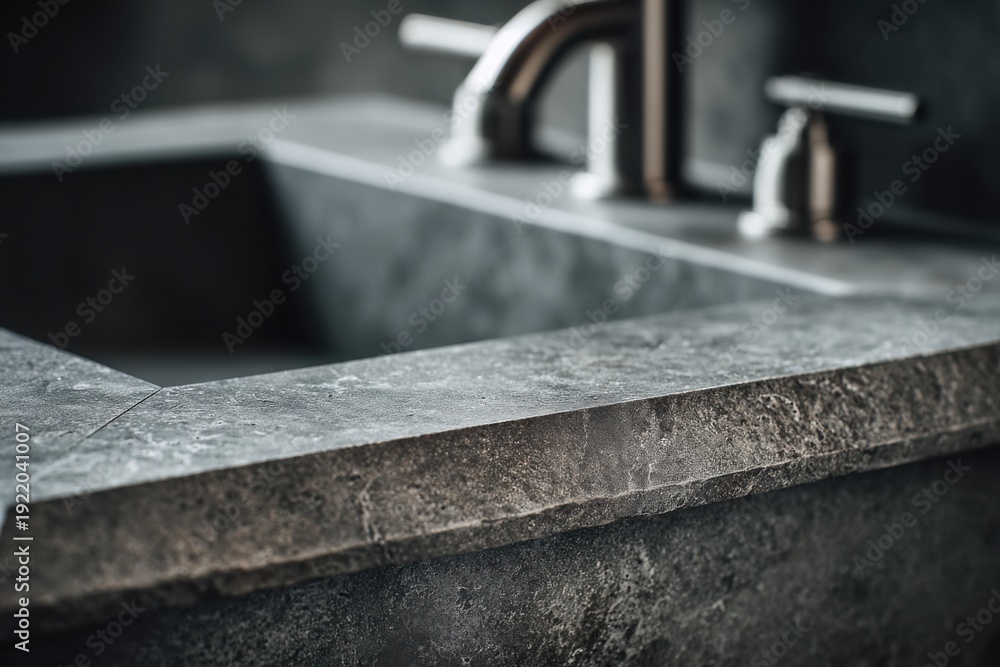 Obraz premium Modern bathroom sink with stone counter shows clean design and simple lines, highlighting the faucet and details of the surface in a stylish setting