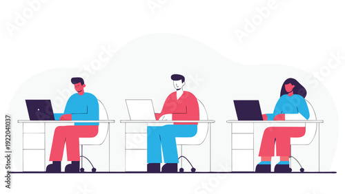 Three office workers, two men and a woman, using laptops at individual desks in a simple office.