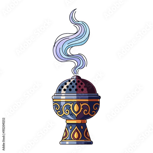 Ornate incense burner with swirling smoke on white background.
