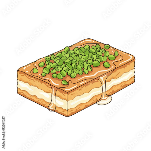 Layered dessert with green peas and sweet sauce.
