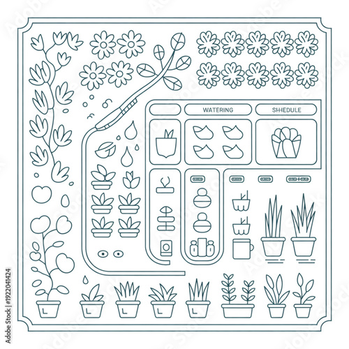 Creating a garden planting plan top view with plants and pots in a flat design illustration