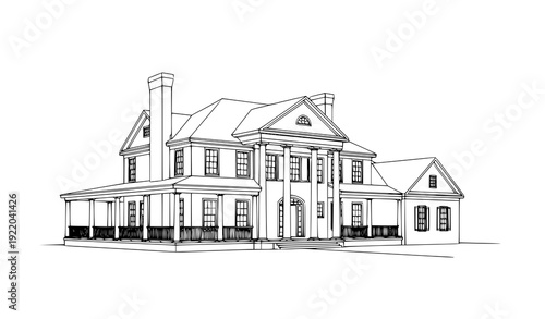 Minimalist Colonial Mansion Vector Illustration in Black and White with Wraparound Porch