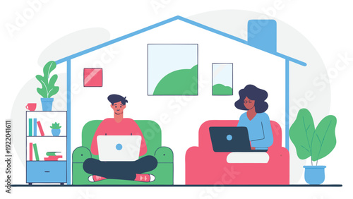 A man and a woman work on laptops from home, sitting on separate couches inside a stylized blue house.