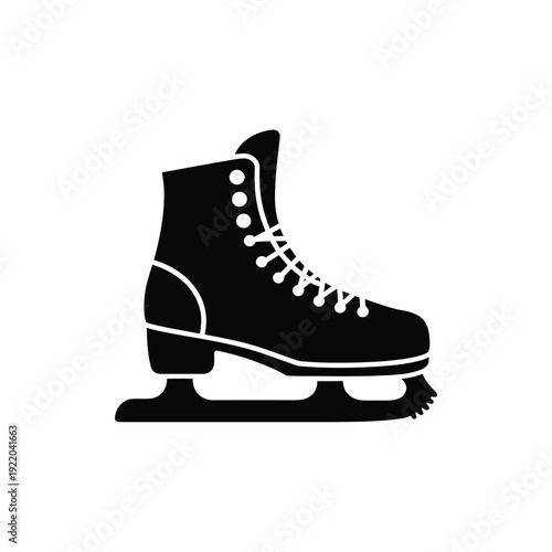 A simple black silhouette of a single ice skate on a white background