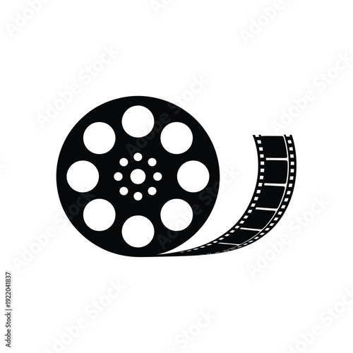 Black and white illustration of a film reel with trailing strip