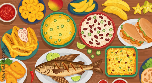 Assortment of Caribbean Food Dishes Served on Wooden Table, Top View Illustration