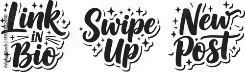 Engaging social media stickers promoting links, swipes, and new content.