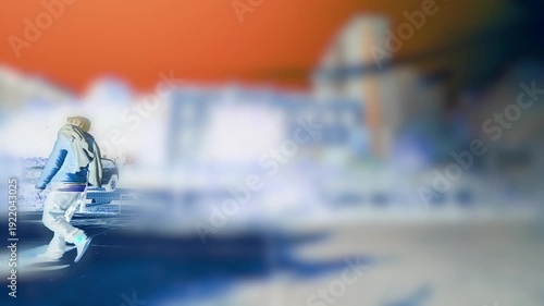 Abstract person walking by blurred inverted city scene