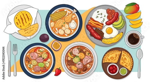Delicious Colombian Food Platter With Exotic Fruits and Beverages Illustration