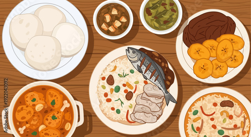 Top View of Delicious Ghanaian Food Platter with Fish, Meat, and Plantains