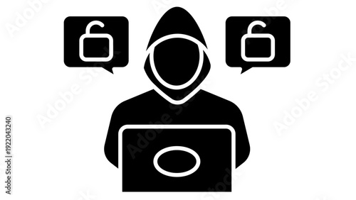 Anonymous Hacker with Laptop and Data Breach Warning Icons Vector Illustration