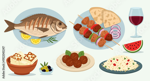 Delicious Mediterranean Cuisine Assortment with Fresh Ingredients and Wine