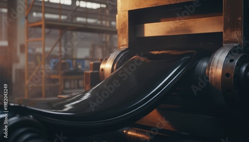 Black rubber sheet being processed by industrial machinery in a manufacturing plant