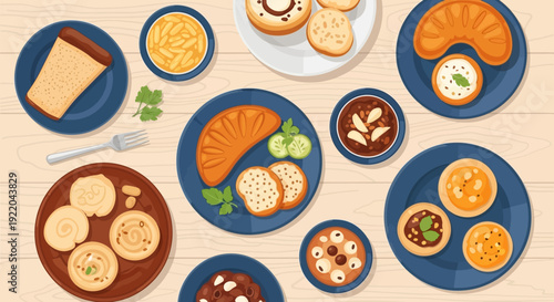 An overhead view of a variety of baked goods and breakfast items on plates