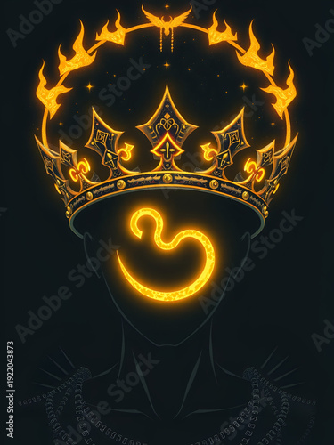 A crown adorned with glowing golden runes has the power to grant the wearer immortality and eternal youth. Eternal Rune. Illustration
