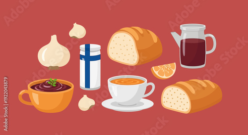 Collection of Italian Food Items with Bread, Sauce, Garlic, and Drinks for Culinary Delights