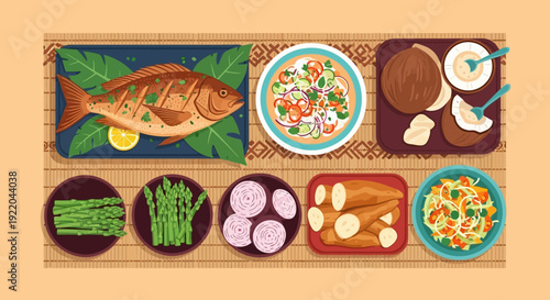 Delicious Seafood Meal Platter with Asparagus and Tropical Fruits Presentation