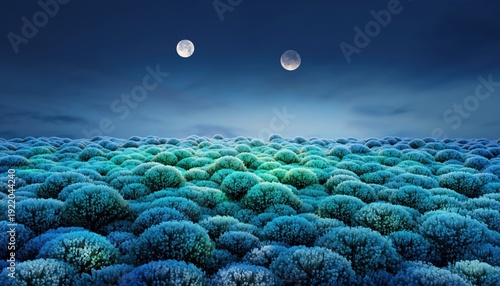 Two moons hang in the dark night sky above a surreal, glowing landscape of blue and green foliage