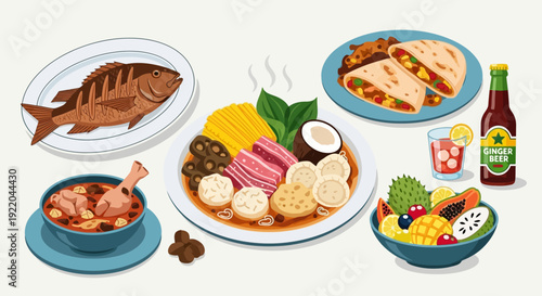 A colorful assortment of diverse food dishes and drinks arranged artistically on a white background