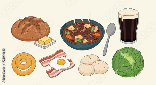 Traditional Irish Food and Drink Spread featuring Stew, Bread, Bacon, Cabbage, and Stout