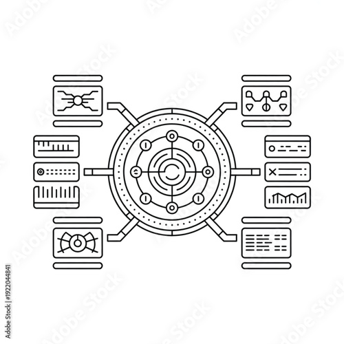 Technical Vector Illustration of a Complex System with Various Charts and Graphs Surrounding a Central Mechanism