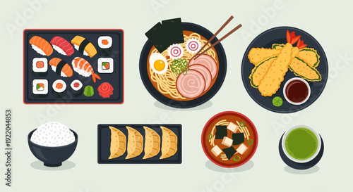 Japanese Food Assortment Including Sushi, Ramen, Tempura, Miso Soup, and Rice